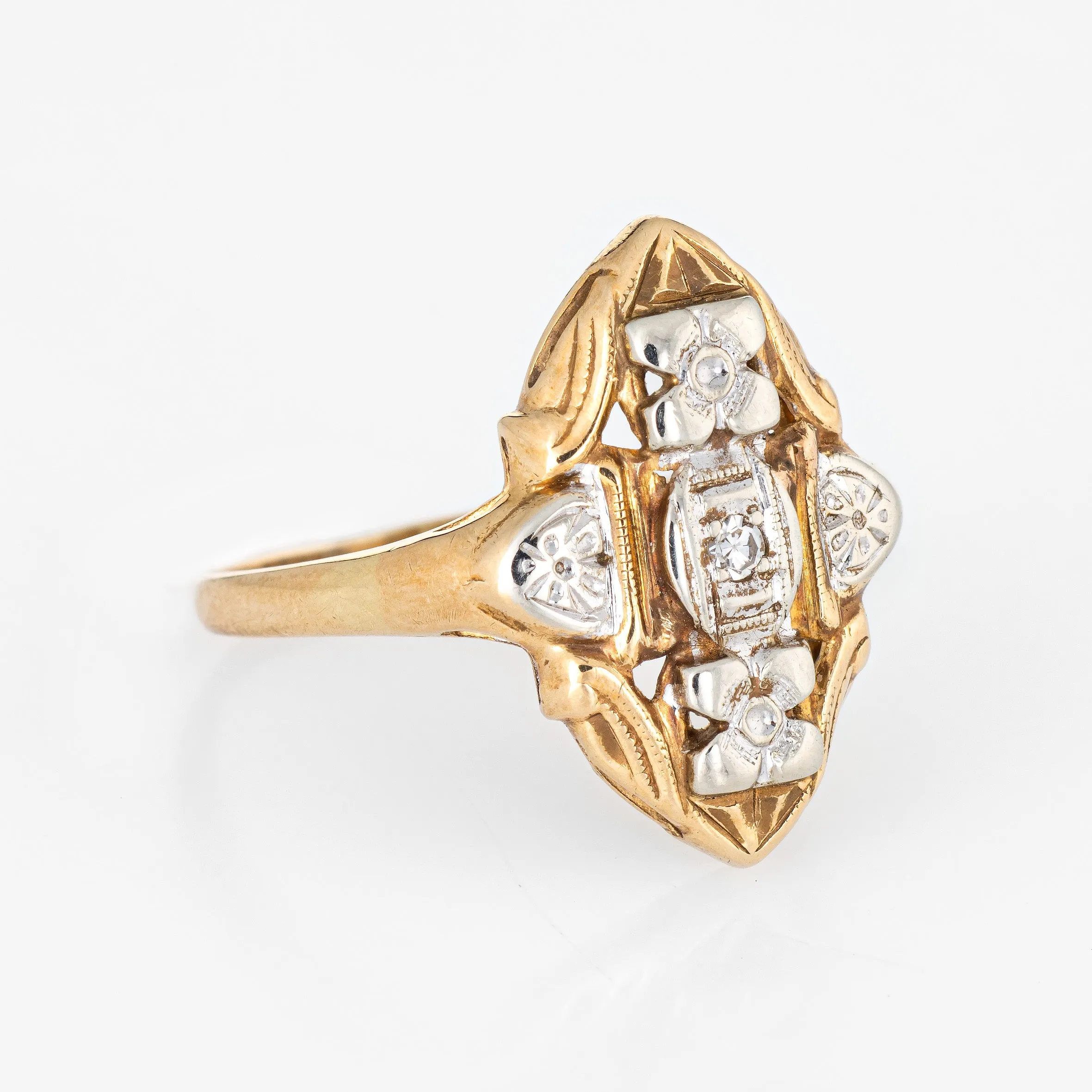 Vintage Diamond Shield Ring 14k Two Tone Yellow Gold Estate Fine Jewelry Sz 7.25