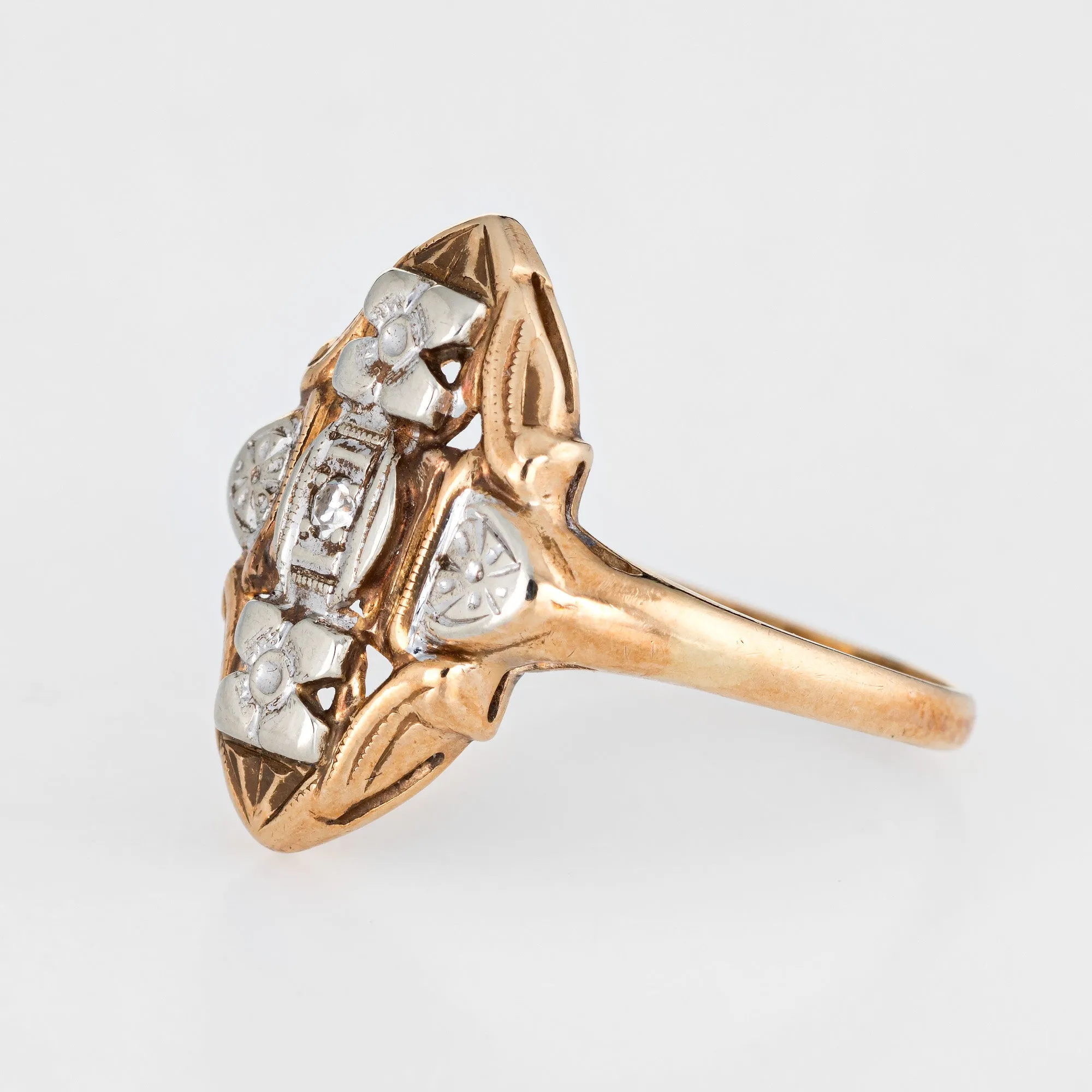 Vintage Diamond Shield Ring 14k Two Tone Yellow Gold Estate Fine Jewelry Sz 7.25