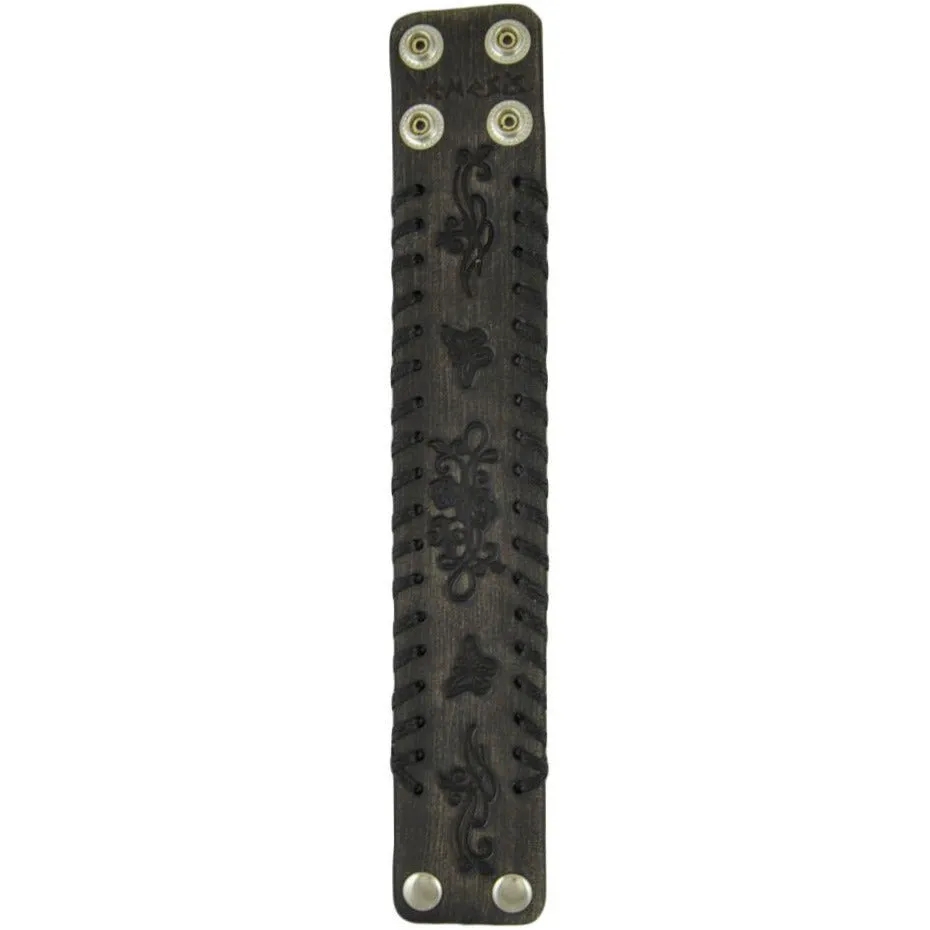 Weaved Rose Distressed Black Leather Cuff