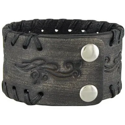Weaved Rose Distressed Black Leather Cuff
