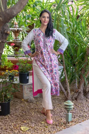 White Cotton Purple-Pink Embroidery Suit Salwar Kameez