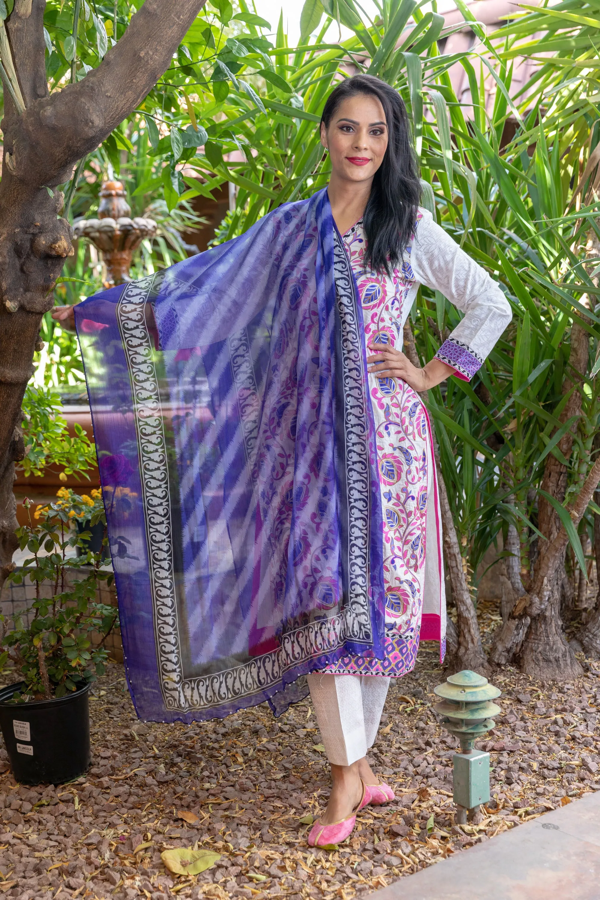 White Cotton Purple-Pink Embroidery Suit Salwar Kameez