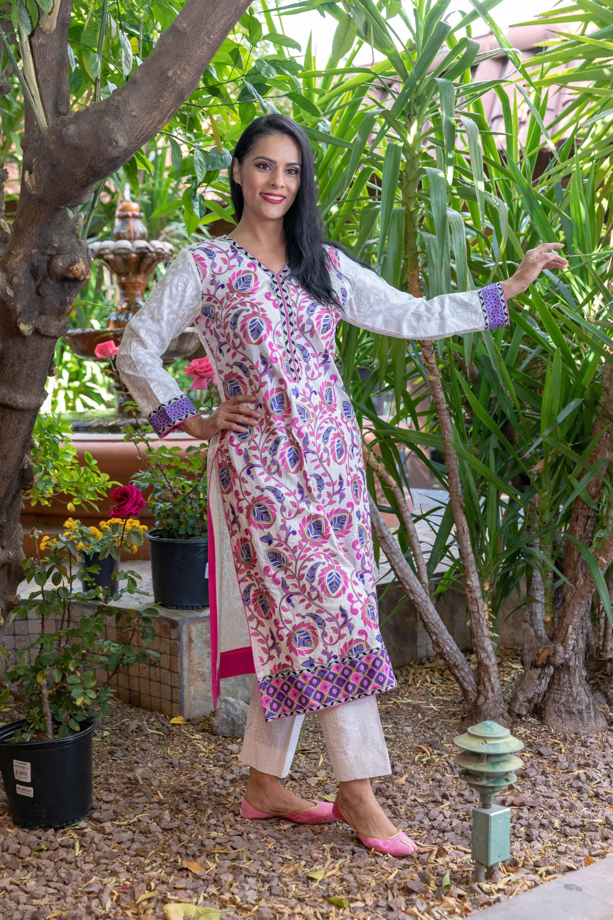 White Cotton Purple-Pink Embroidery Suit Salwar Kameez