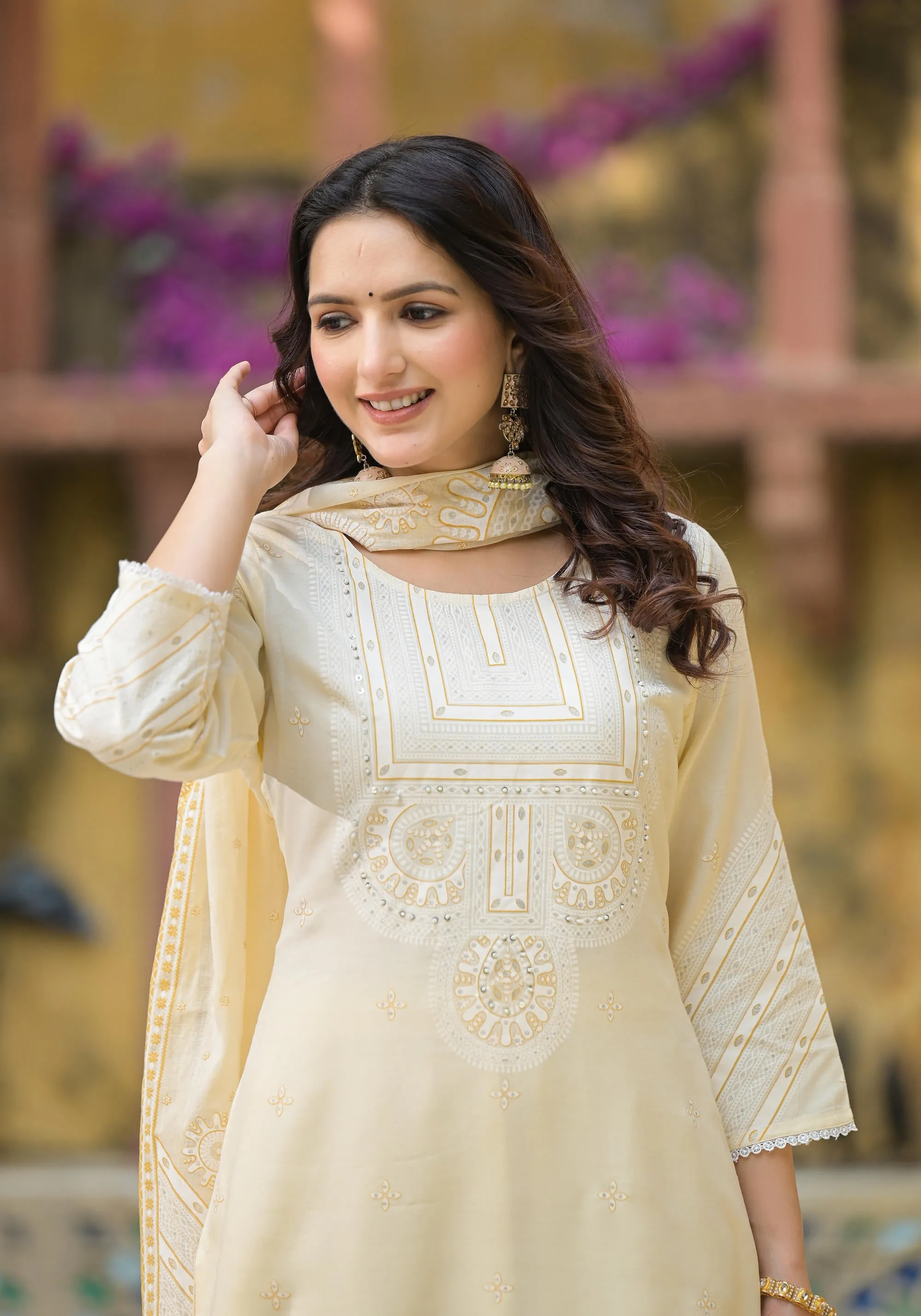 White Ethnic Motif Printed Viscose Kurta Pant And Dupatta Set With Sequins & Beads