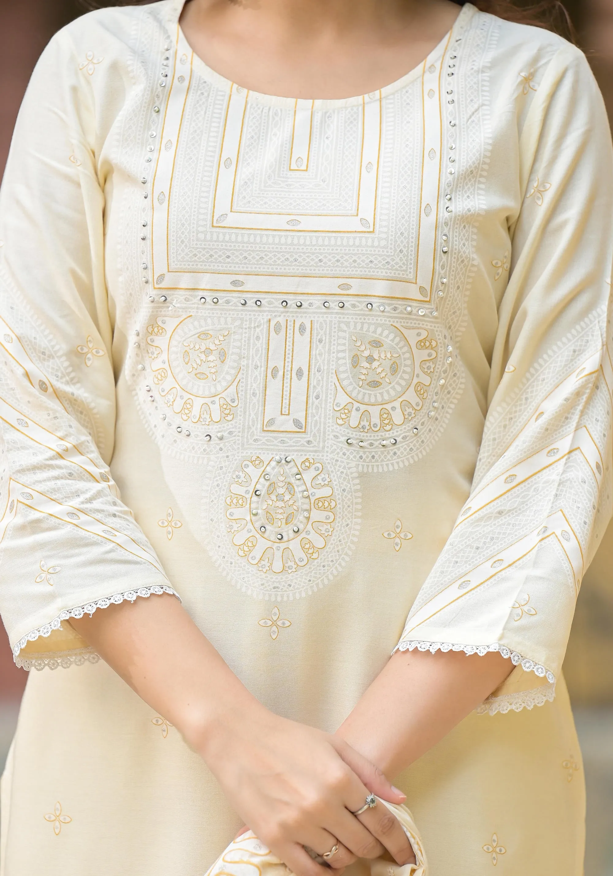 White Ethnic Motif Printed Viscose Kurta Pant And Dupatta Set With Sequins & Beads