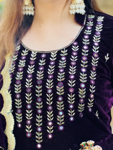 Wine Embroidered Velvet Suit