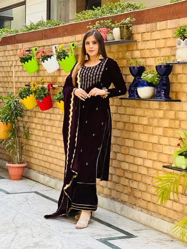 Wine Embroidered Velvet Suit