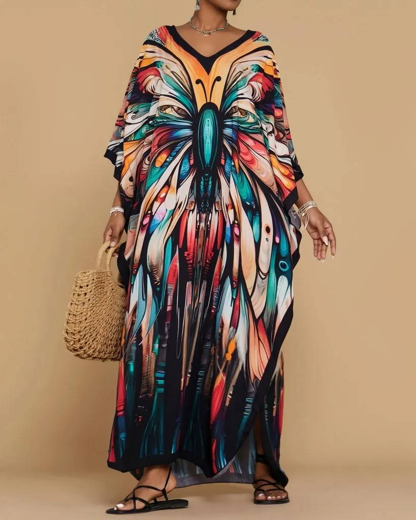 Women Butterfly Print Kaftan Dress