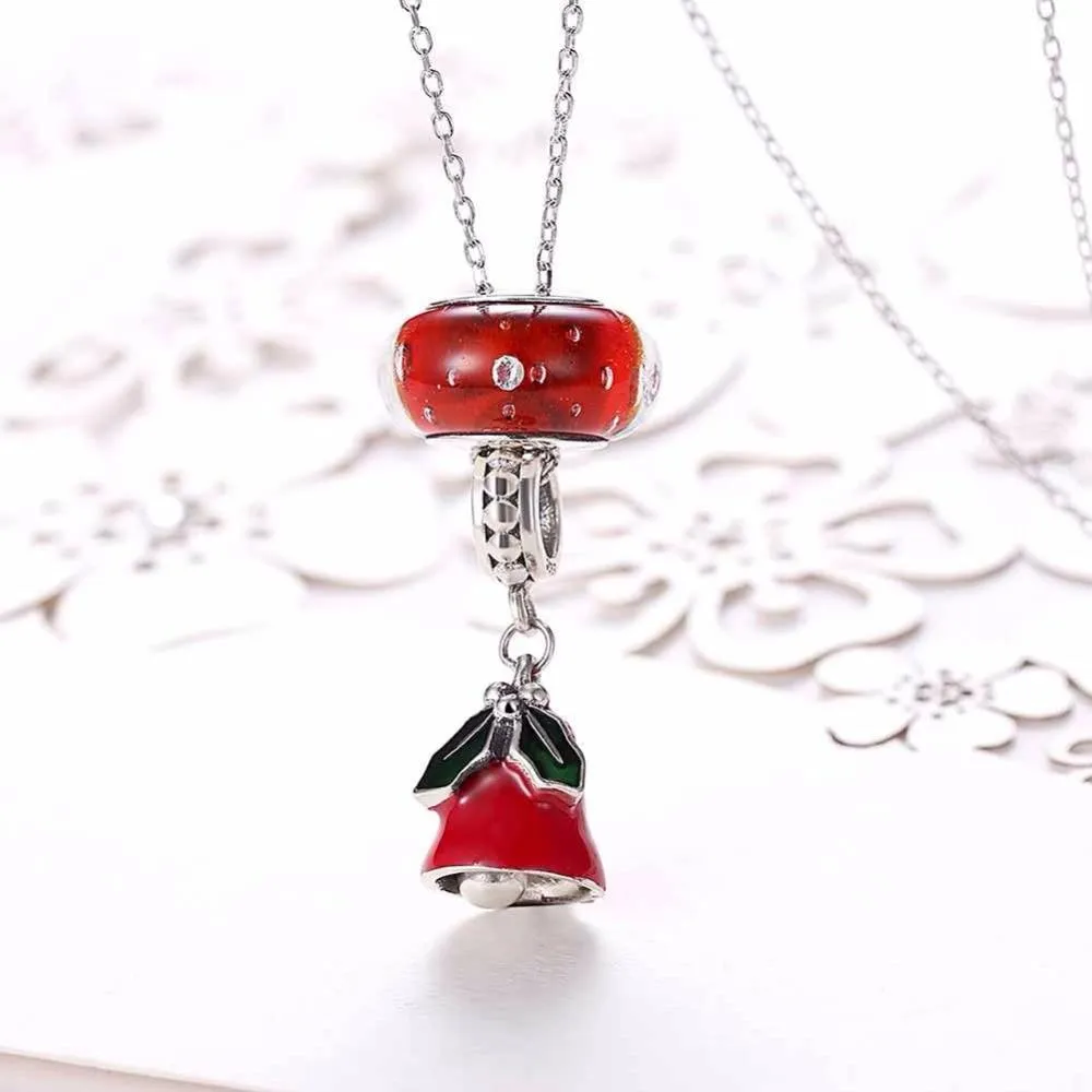 Women’s 925 Sterling Silver Solid Necklace with Red Bell Pendant, Ethnic Christmas Jewelry Gift for Girls