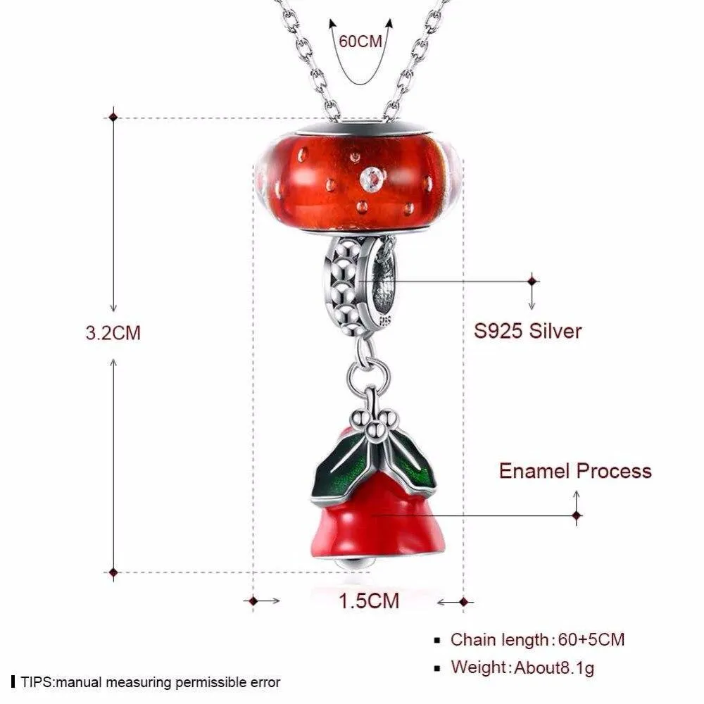 Women’s 925 Sterling Silver Solid Necklace with Red Bell Pendant, Ethnic Christmas Jewelry Gift for Girls