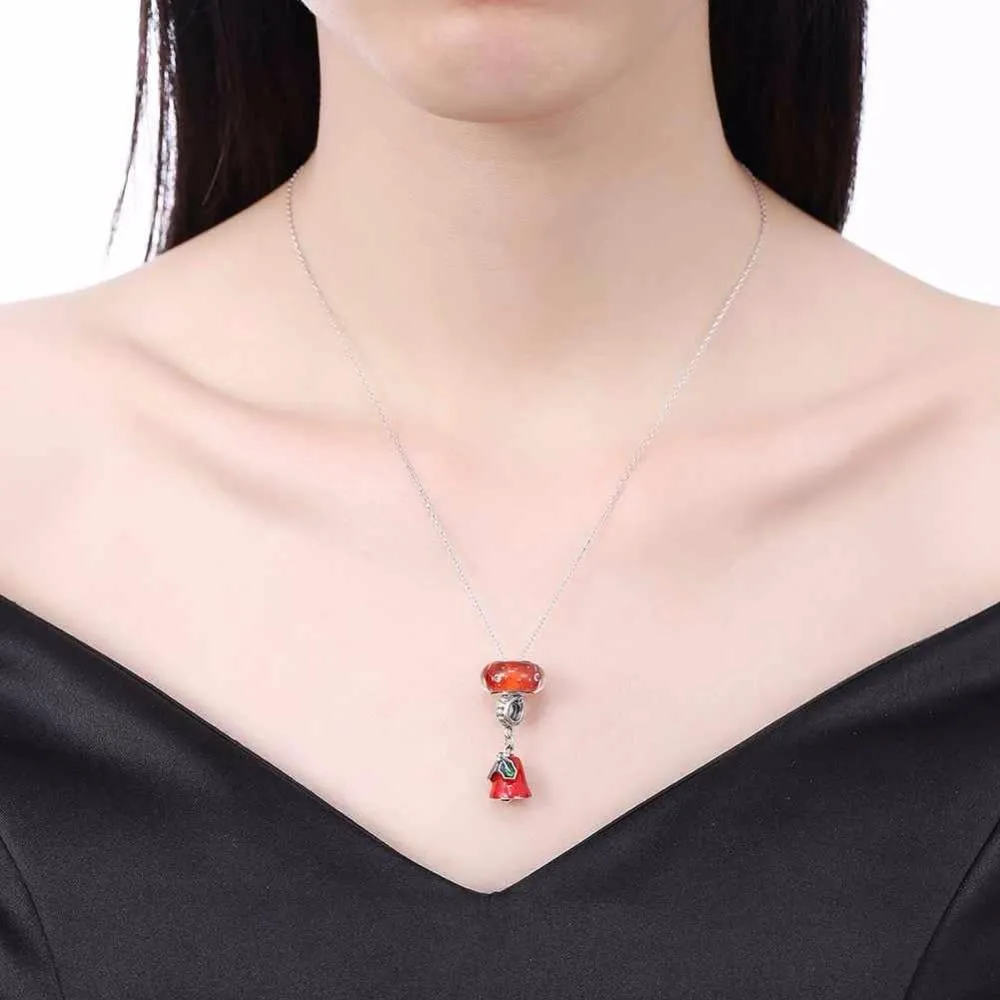 Women’s 925 Sterling Silver Solid Necklace with Red Bell Pendant, Ethnic Christmas Jewelry Gift for Girls