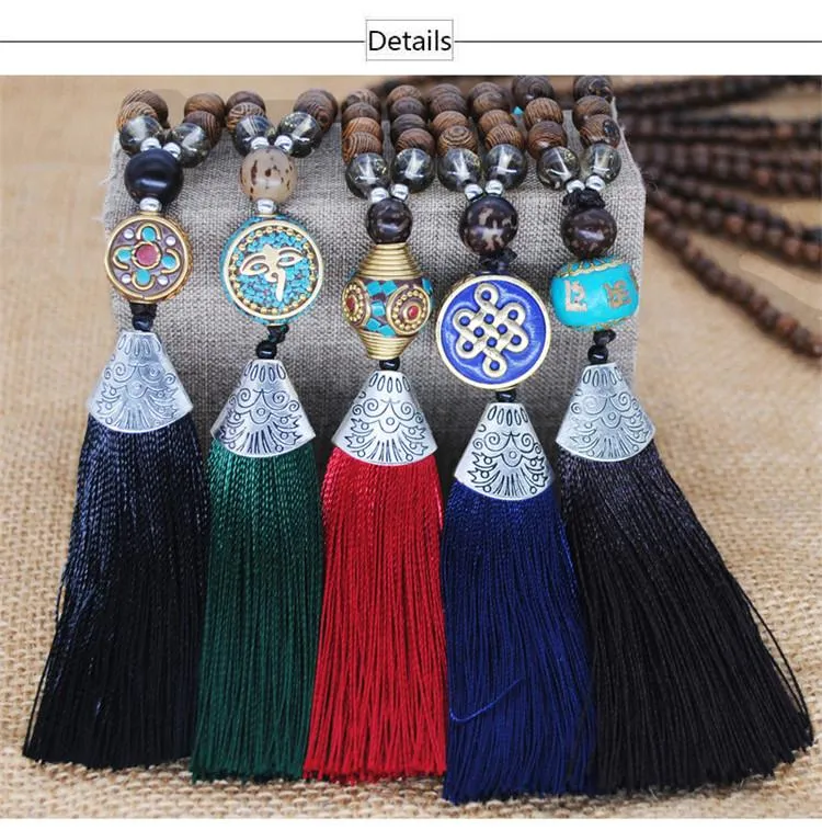 Women's Retro Ethnic Style Handmade Beaded Pendant Necklace - Green Tassel