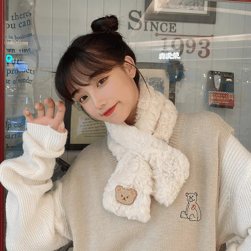 Women'S Winter Korean Style All-Match Plush Bear Scarf