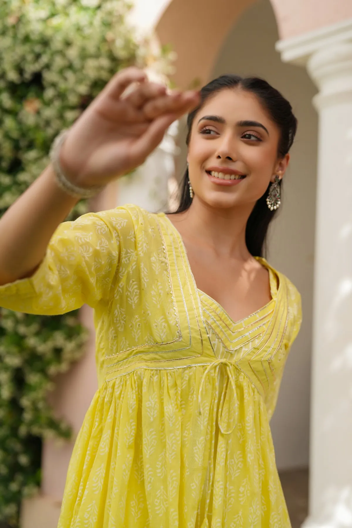 Yellow Cotton Mulmul Khari Printed Shrug, Kurta & Pant Set