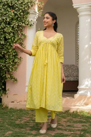 Yellow Cotton Mulmul Khari Printed Shrug, Kurta & Pant Set