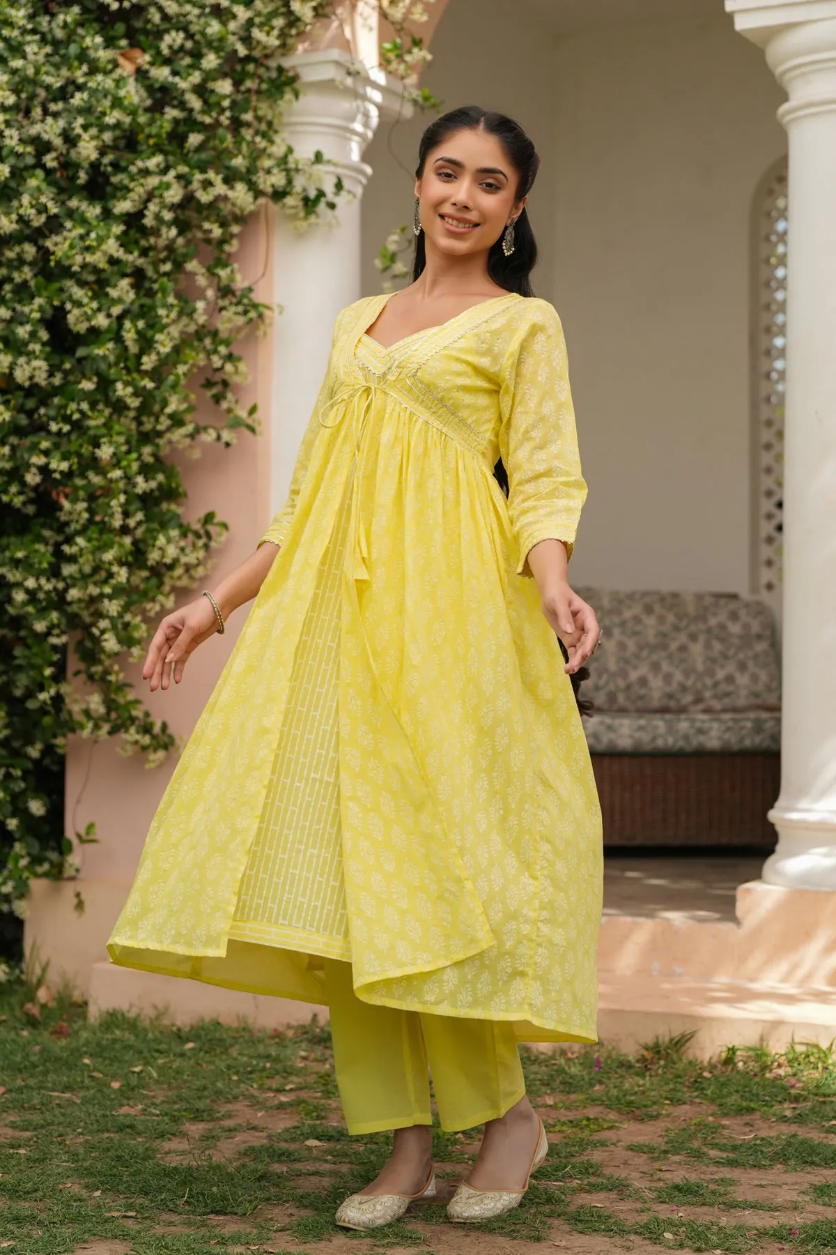 Yellow Cotton Mulmul Khari Printed Shrug, Kurta & Pant Set