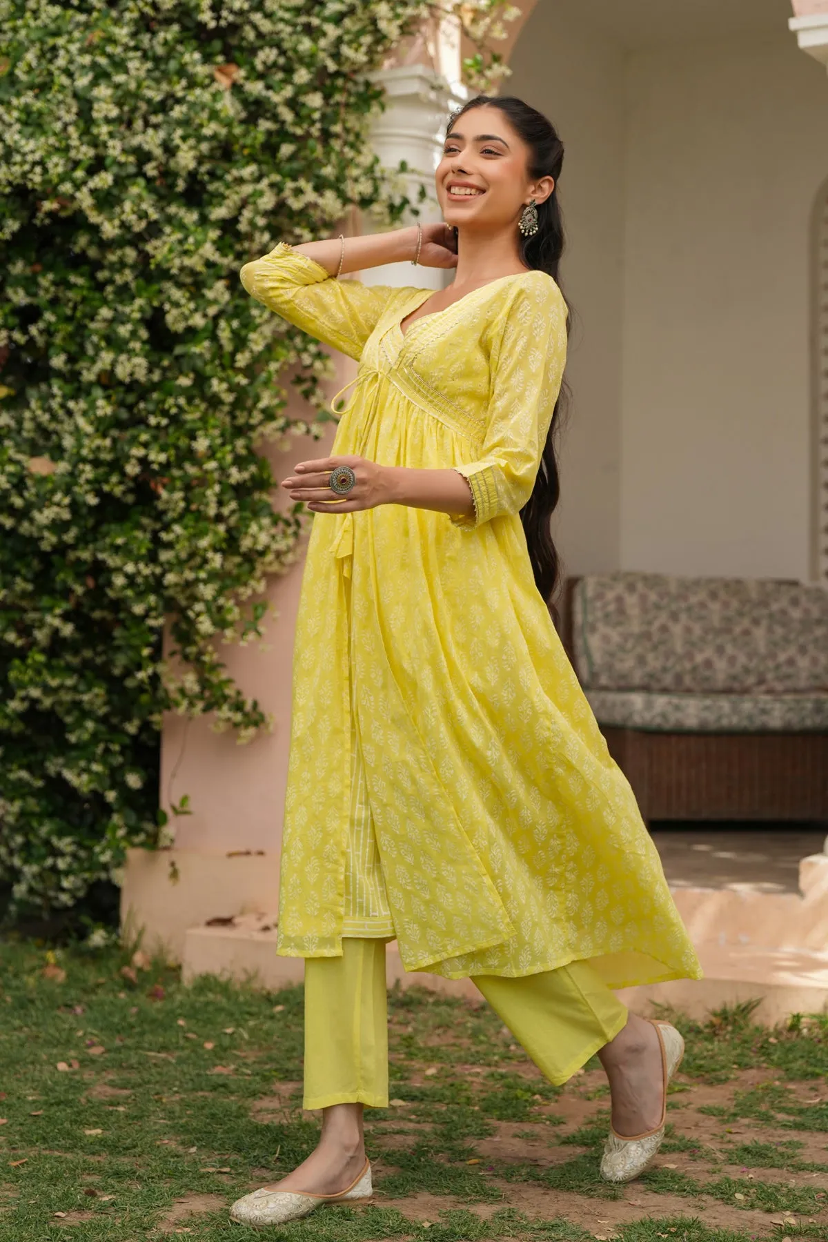 Yellow Cotton Mulmul Khari Printed Shrug, Kurta & Pant Set