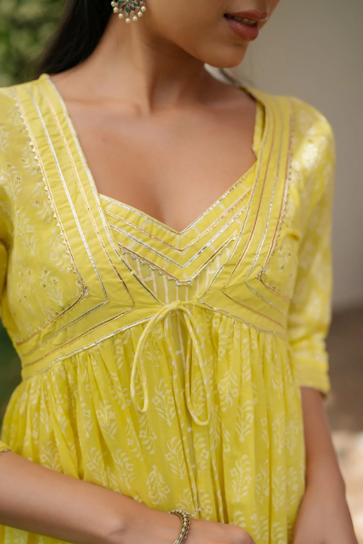 Yellow Cotton Mulmul Khari Printed Shrug, Kurta & Pant Set