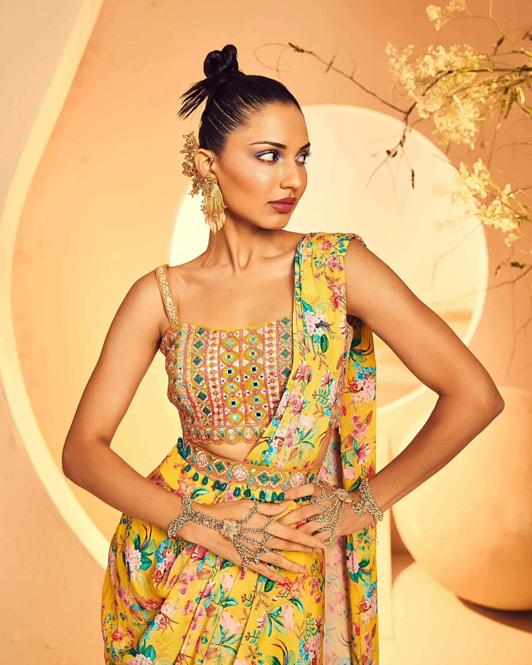Yellow pre-draped dhoti sari set
