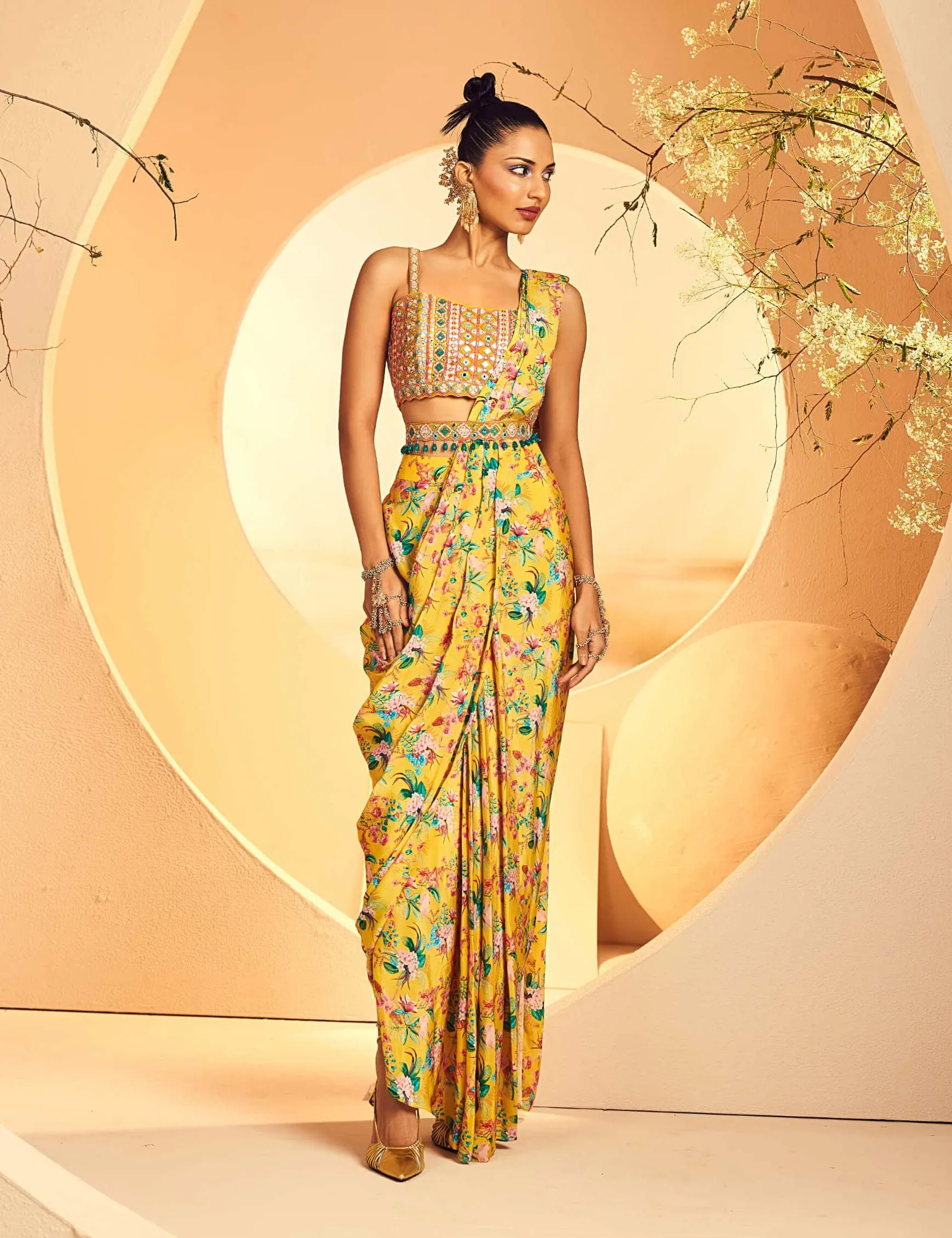Yellow pre-draped dhoti sari set