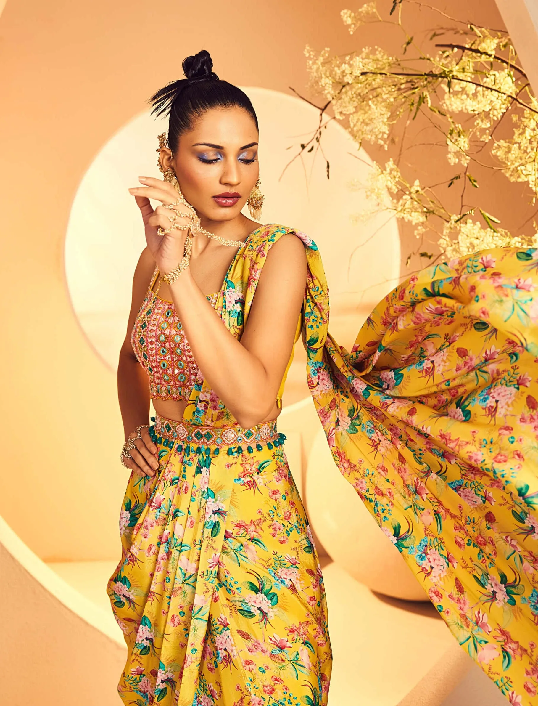 Yellow pre-draped dhoti sari set