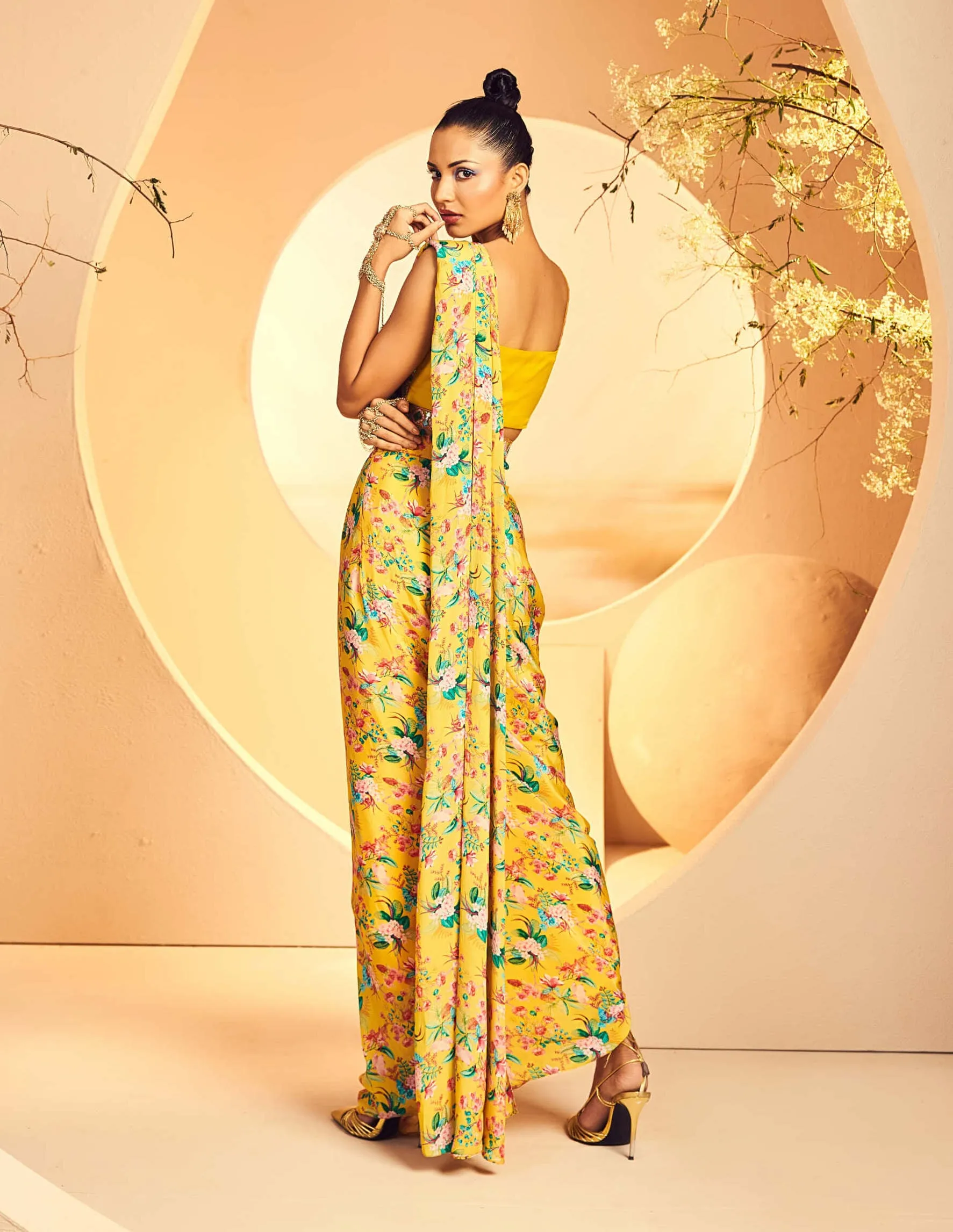 Yellow pre-draped dhoti sari set